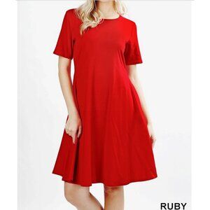 Zenana Short Sleeve Swing T-Shirt Dress with Side Pockets-Ruby Red M,L,XL